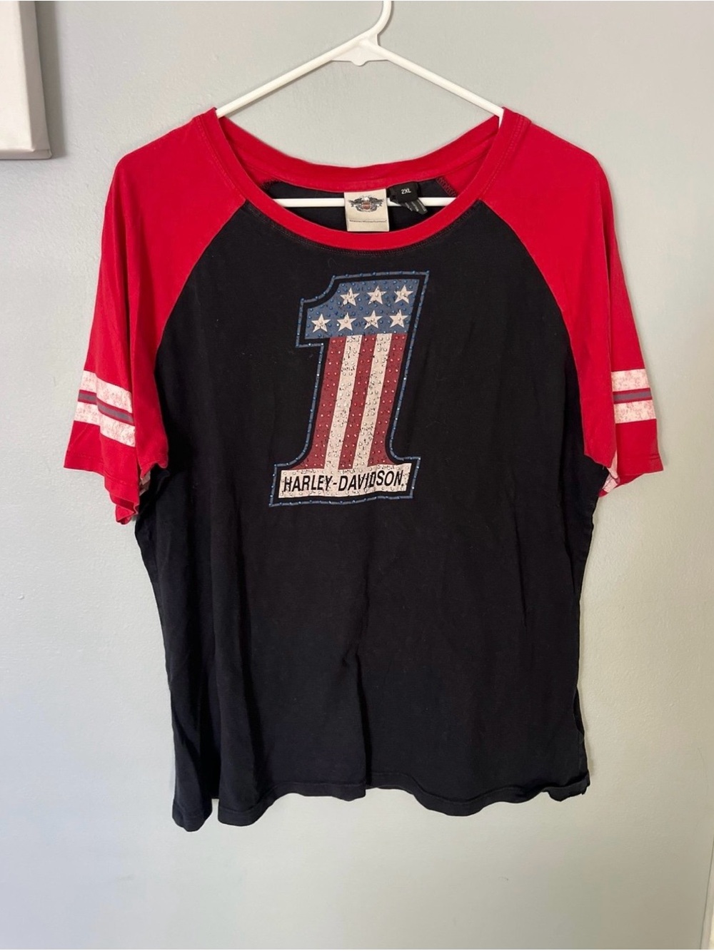 "Harley-Davidson Red & Black Rhinestone Patriotic #1 Tee" Size 2XL